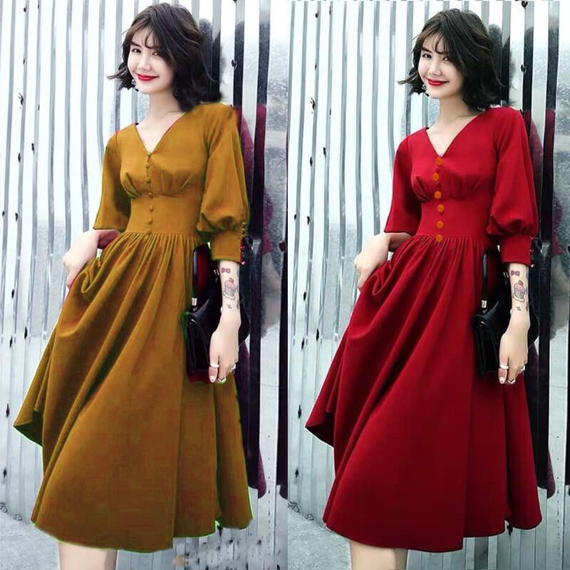 ĐẦM CỔ V PHỐI NÚT NANA