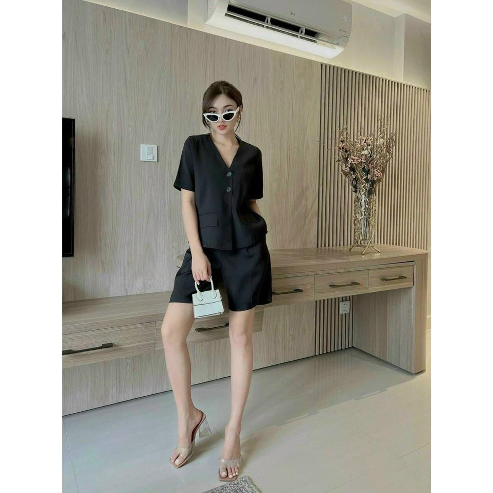 Set đồ nữ sang chảnh đi chơi đi biển Minh Phúc, bộ nữ áo tay ngắn cổ tim phối quần đùi phong cách thiết kế mới lạ