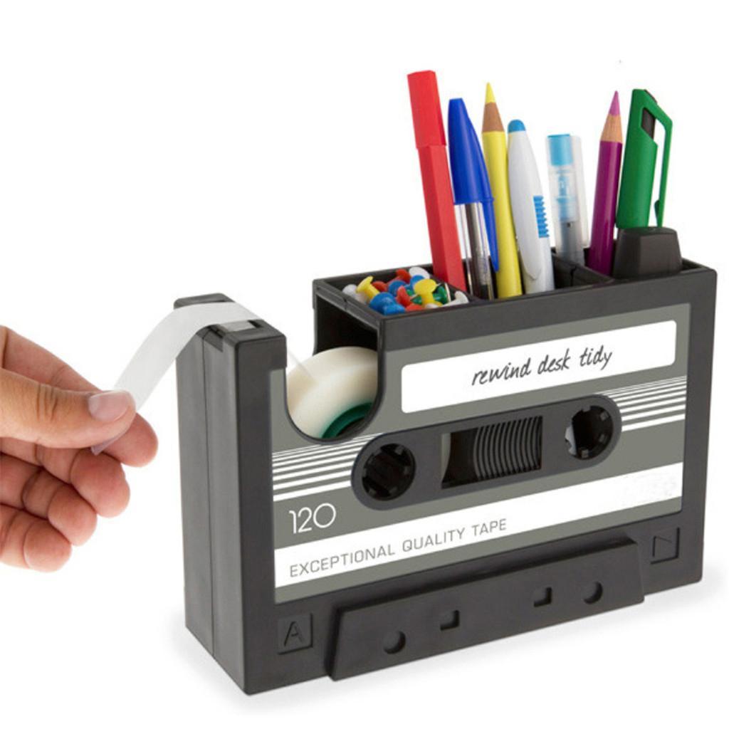 Cassette Tape Dispenser Pen Holder Stationery Organizer Tape Cutter Red