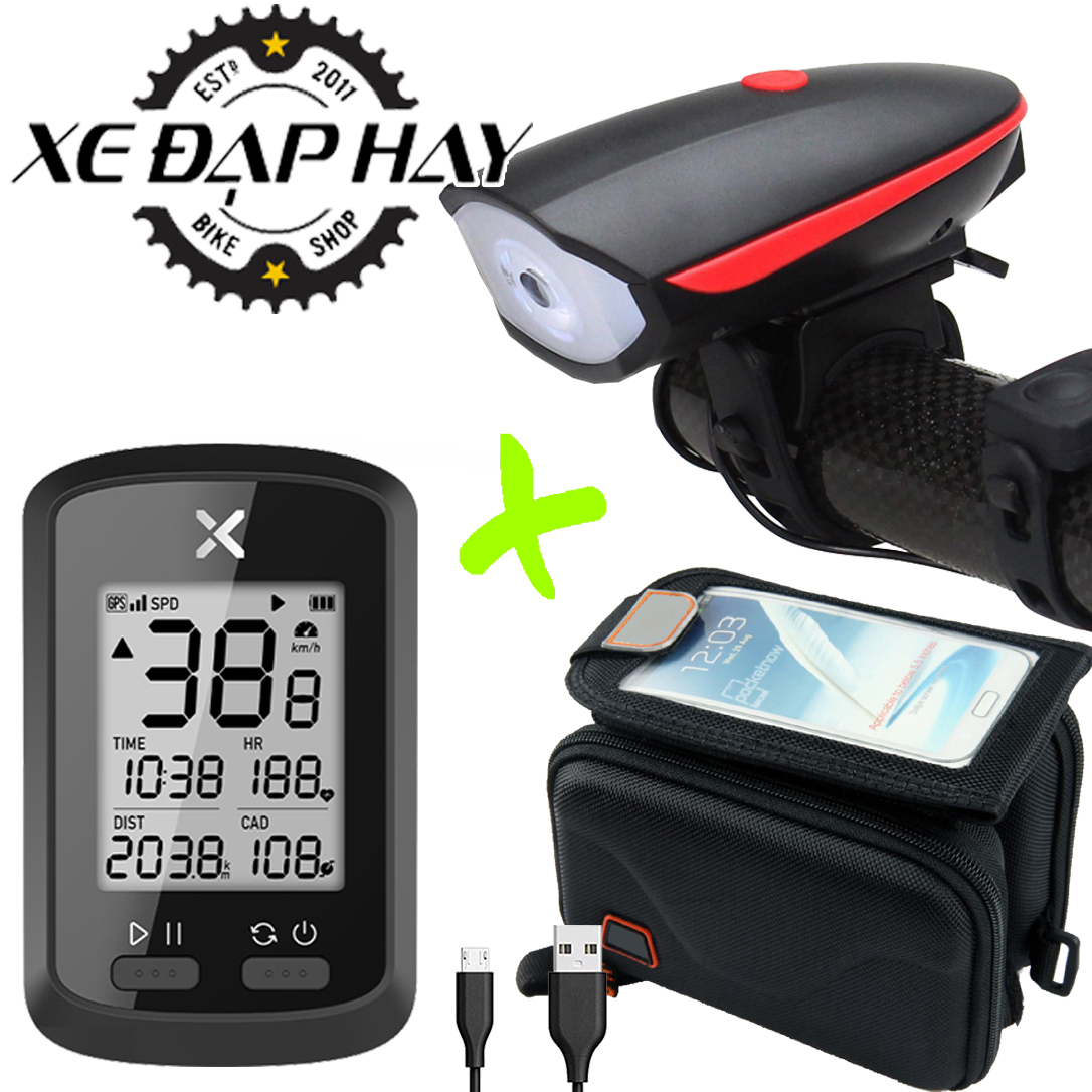 COMBO Phụ Kiện Đạp Xe | Đồng Hồ Đo Tốc Độ Xoss G+ Định Vị GPS Thông Minh, Tích Hợp App Trên SmartPhone | Túi Treo Khung Và Đèn Kiêm Còi Xe Đạp Sạc Pin USB