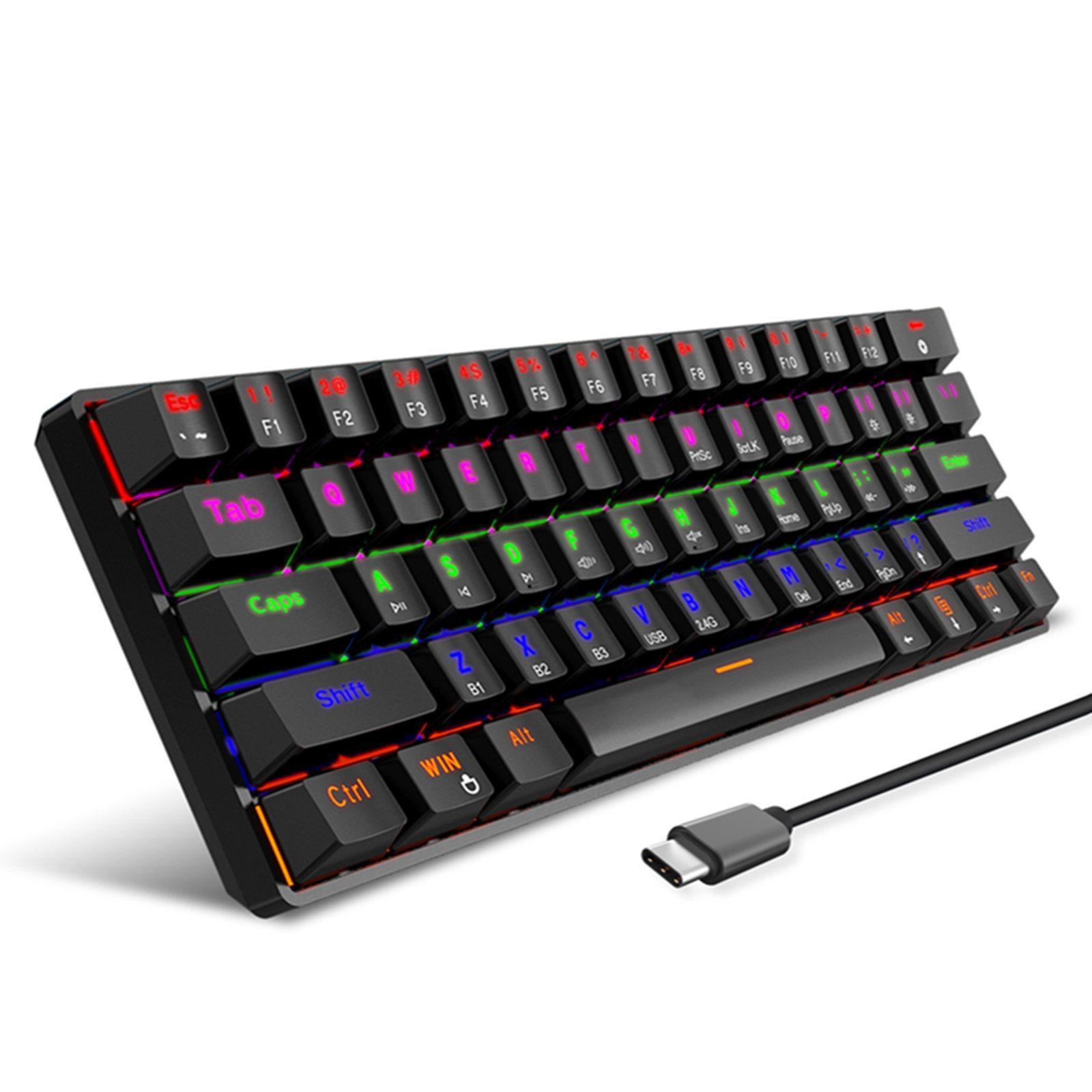 Bluetooth Mechanical Gaming Keyboard 61-Key USB-C Wired for PC Typists Black