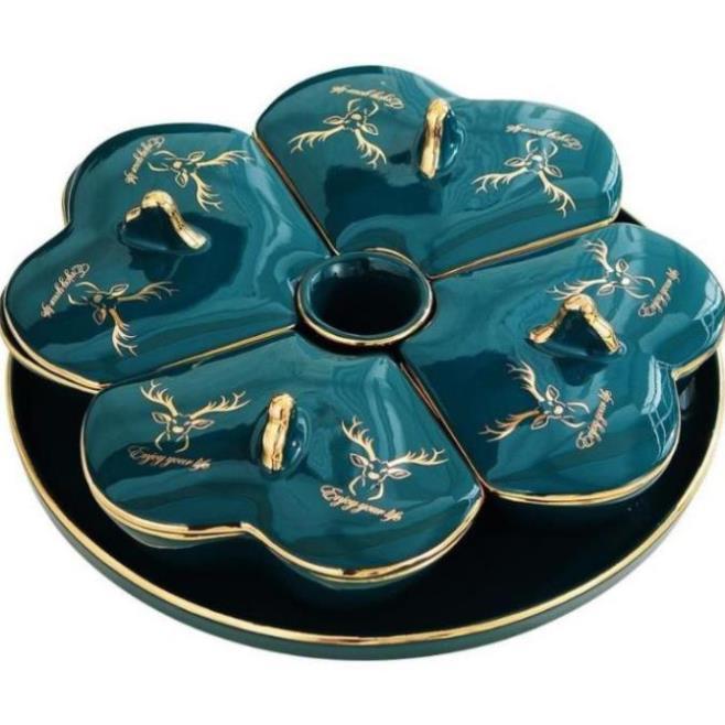 Khay đựng mứt sứ Hình Trái Tim RẺ VÔ ĐỊCH Khay 5 ngăn tháo rời màu xanh ngọc xoay 360 độ dễ vệ sinh vận chuyển