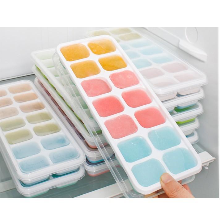 Khay làm đá viên có nắp đế silicon dễ lấy đá hoặc làm khay trữ đông đồ ăn dặm cho bé an toàn vệ sinh VINKID