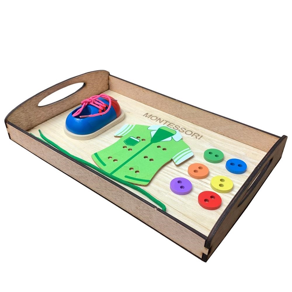 Đồ Chơi Montessori Bằng Gỗ Cho Trẻ Tập Buộc Dây Khéo Tay Kèm Khay Đựng Bằng Gỗ Tiện Lợi