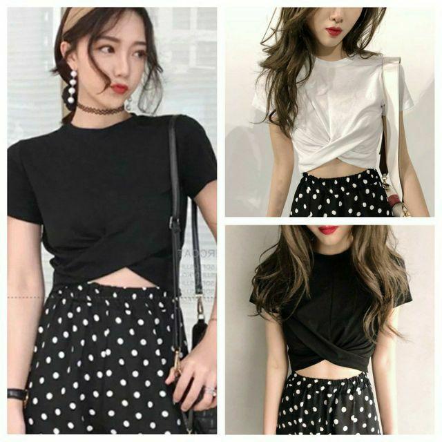 Áo croptop cổ tròn thiết kế thanh lịch