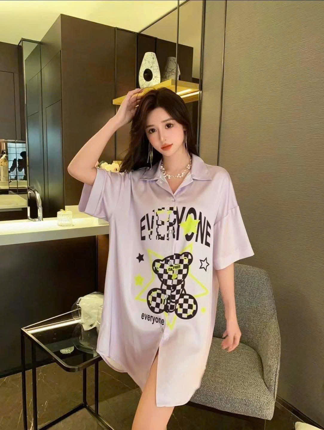 Đầm Ngủ Sơmi Lụa Quảng Châu Cao Cấp Gấu Xinh Xắn