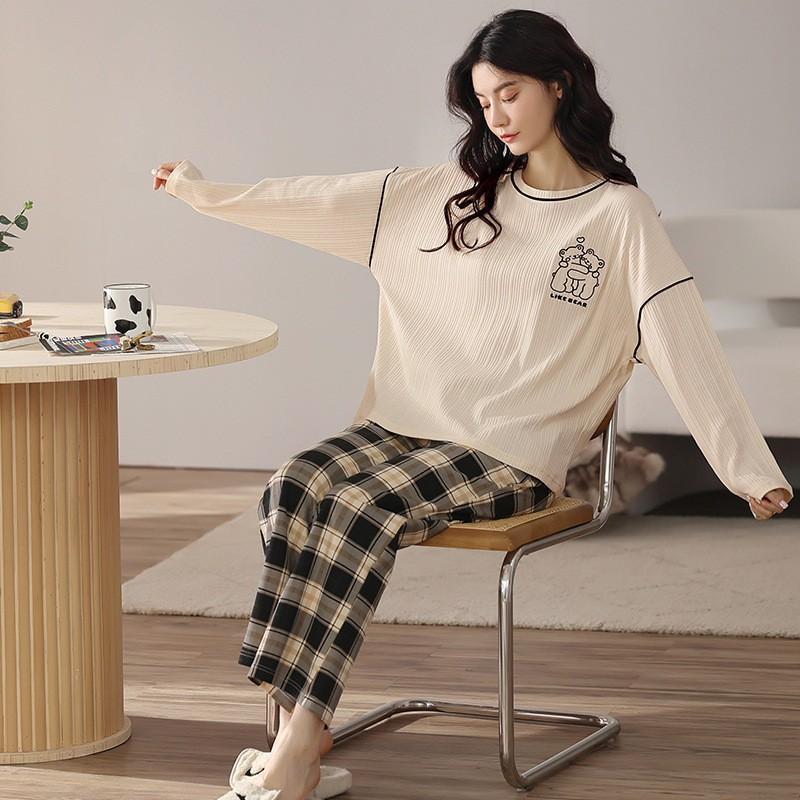 Bộ đồ ngủ, đồ ngủ nữ thu đông dài tay cotton, phong cách Hàn Quốc cực dễ thương co giãn thoải mái