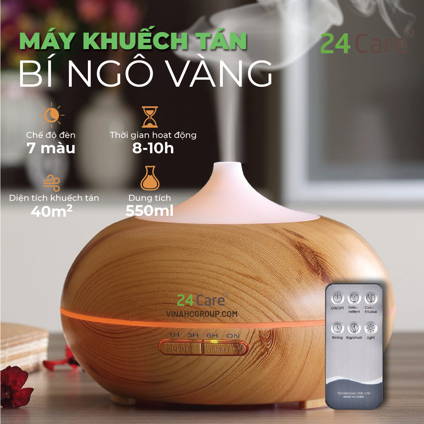 Máy khuếch tán Tinh dầu 24Care Bí Ngô Vàng Ultrasonic 500ML, Tặng 2 chai Tinh dầu Sả Chanh + 1 chai Bạc Hà 24Care 10ml  Xông Phòng  Kèm Remote điều khiển  Công nghệ siêu âm.