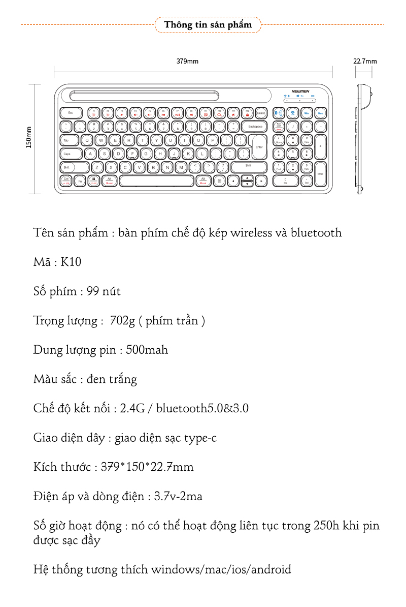 Bàn Phím không dây Newmen K10 - Bluetooth/2.4Ghz dùng cho văn phòng - Hàng Chính Hãng
