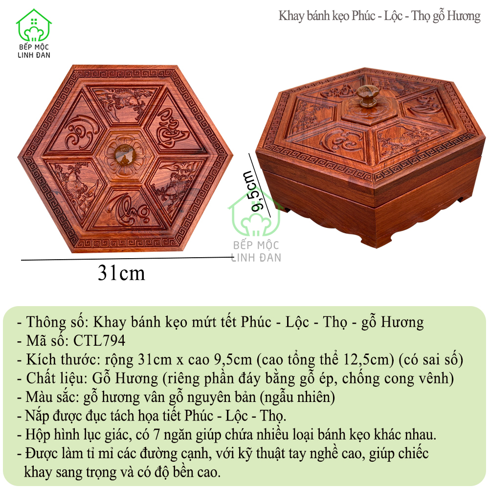 Khay Đựng Mứt Tết Bánh Kẹo Gỗ Hương HAHANCO Chạm Khắc Phúc Lộc Thọ [CTL794]