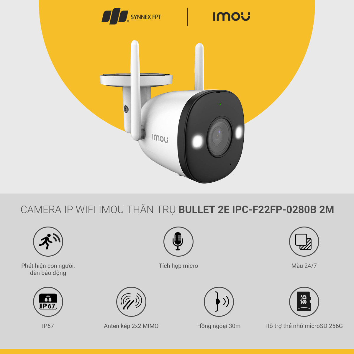 Camera IP WiFi IMOU thân trụ Bullet 2E 4M/Full Color/Micro/Spotlight