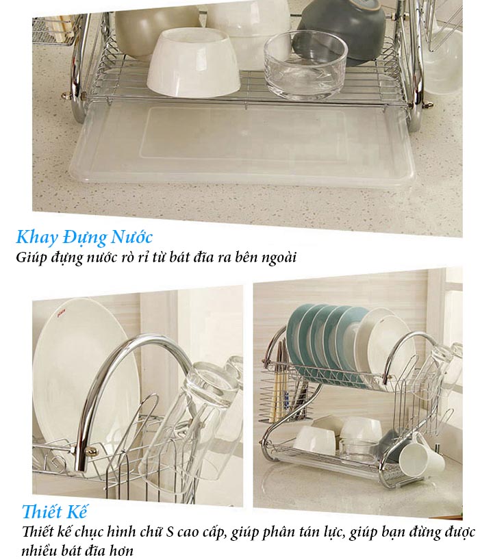 Kệ Úp Chén Inox Đa Năng 2 Tầng Hình Chữ S