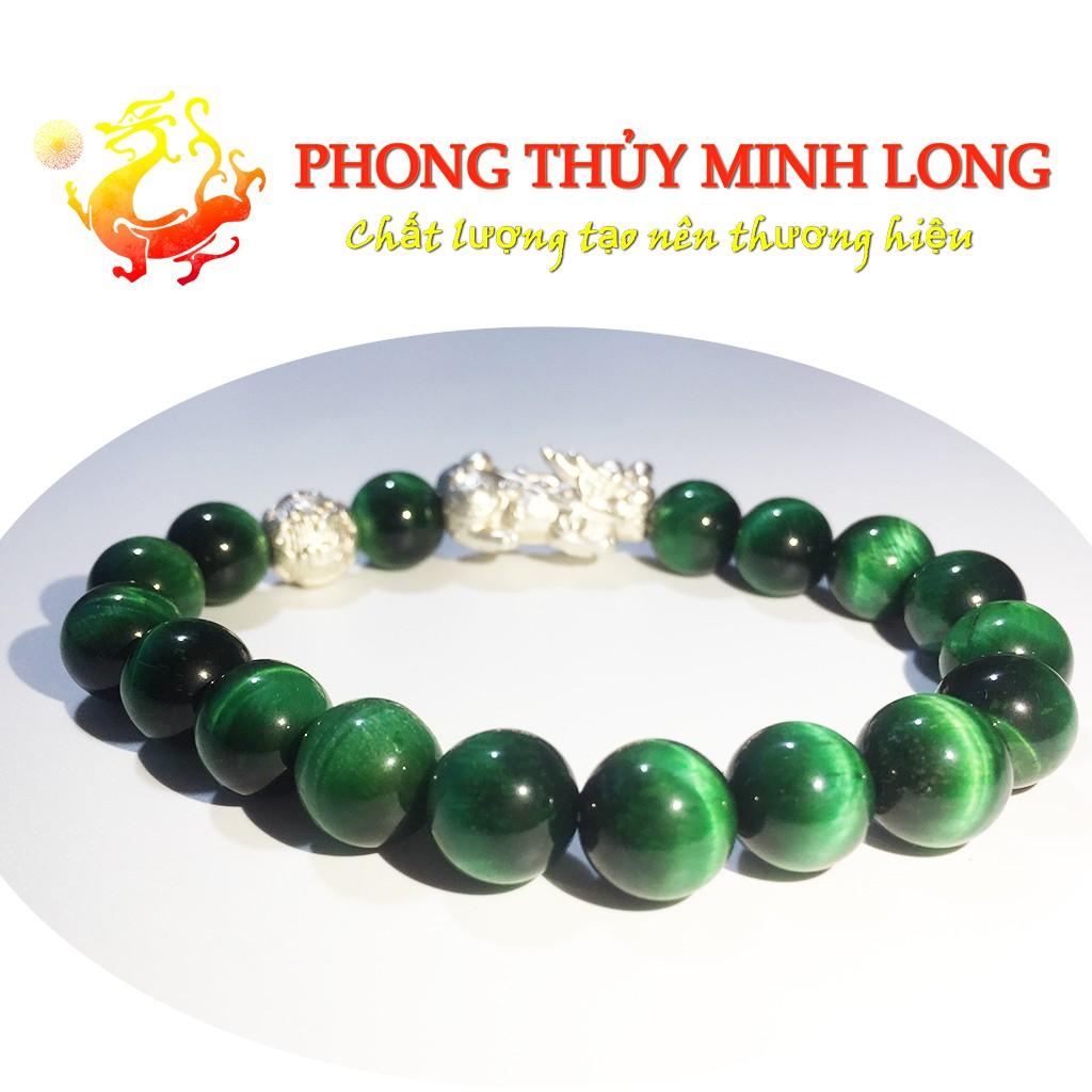 Vòng tay đá Mắt Hổ Xanh Lá chất lượng 5A mix Tỳ Hưu và 1 hạt kim tiền Bạc hợp mệnh Mộc và Mệnh Hỏa