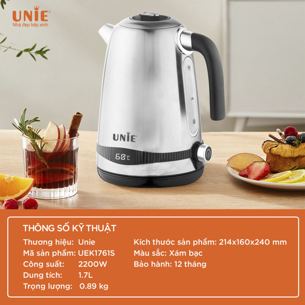 Bình, Ấm đun Siêu tốc - Unie UEK1761S -1.7L, công suất lớn 2200W, Inox 304, chỉnh nhiệt độ theo nhu cầu - Hàng chính hãng