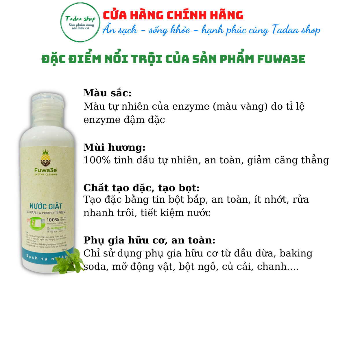 Nước giặt hương bạc hà Organic sinh học Fuwa3e chuyên giặt đồ lụa, bảo vệ da tay chai 100ml