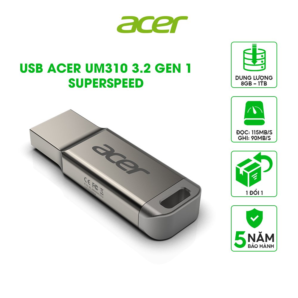 USB Acer UM310 tốc độ đọc lên đến 115 MB/s USB 3.2 Gen 1 - Hàng chính hãng bảo hành 5 năm - Thiết bị lưu trữ USB dung lượng 32GB | 64GB | 128GB | 256GB