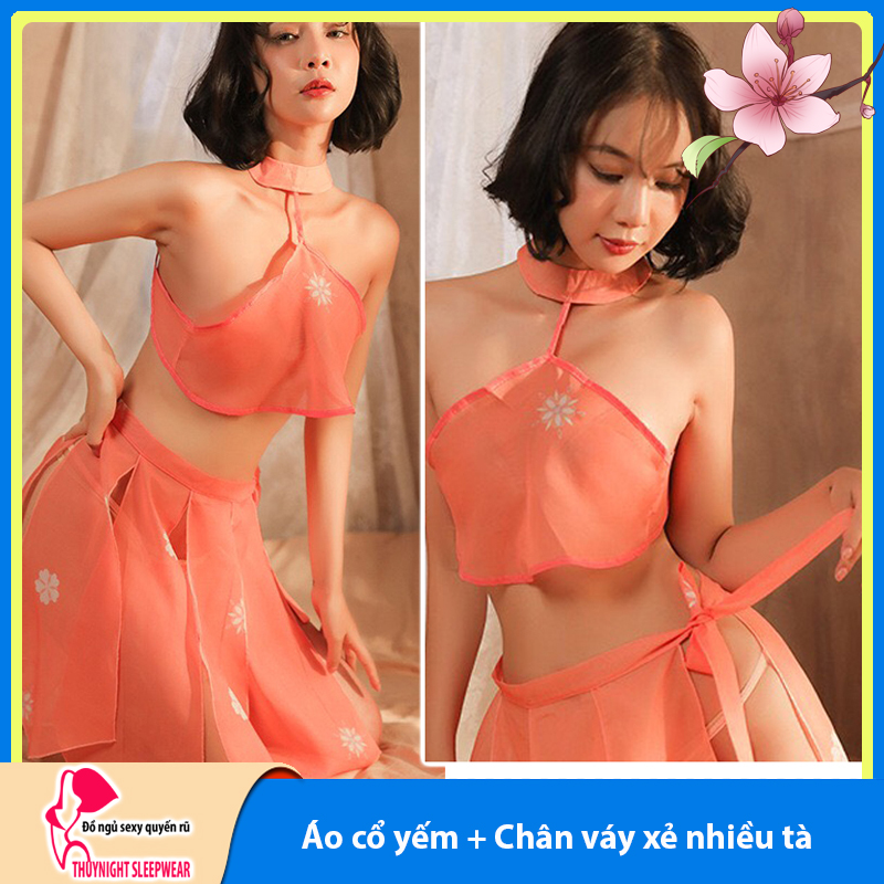 Váy ngủ cổ trang cổ yếm hở lưng kèm chân váy sexy cao cấp Q603 - Đầm ngủ cổ yếm gợi cảm quyến rũ - Đồ ngủ nữ