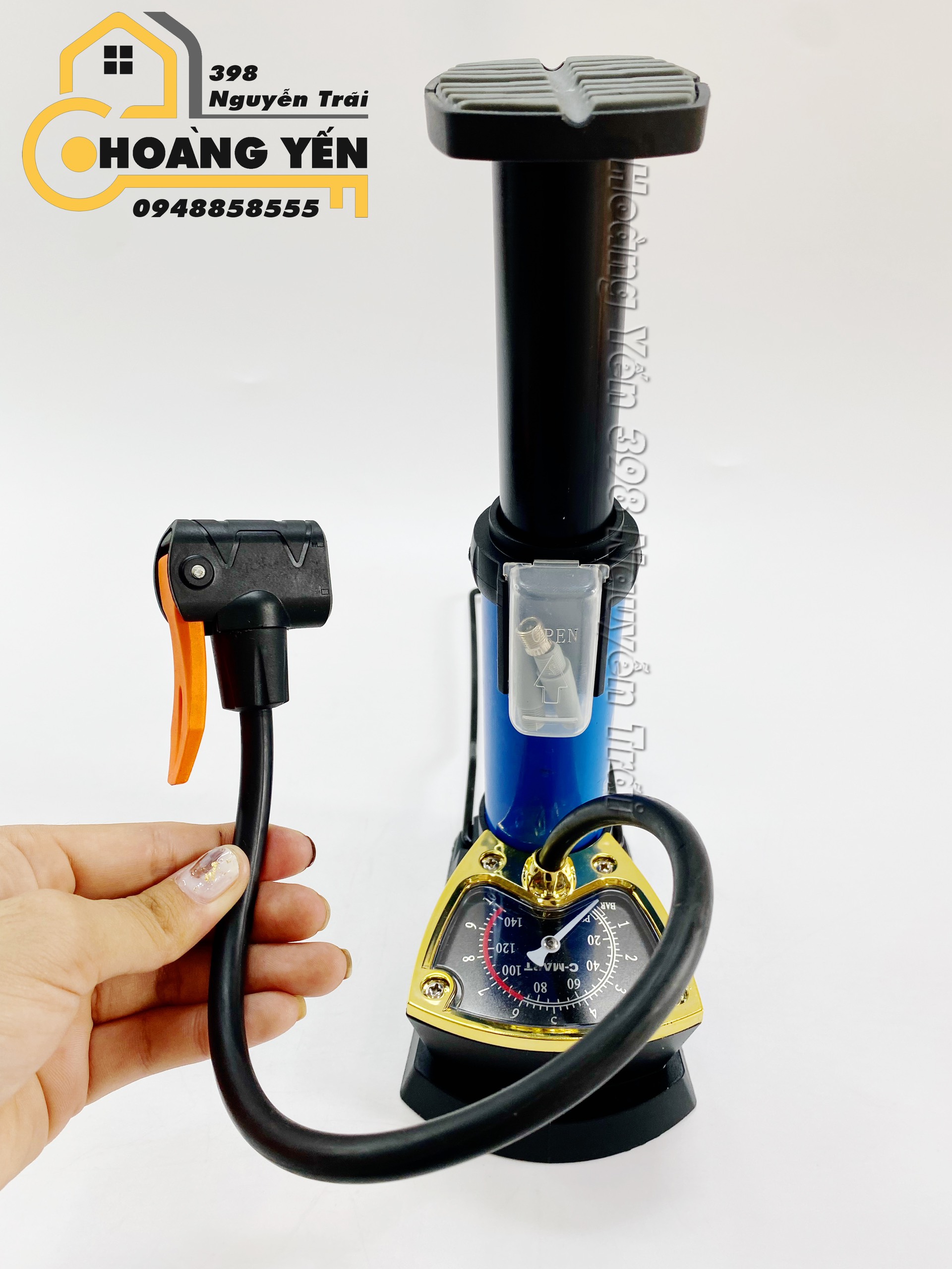 Bơm đạp chân mini, Bơm lốp mini có máy đo 1 ống cao cấp C-MART L0009 cao 190mm