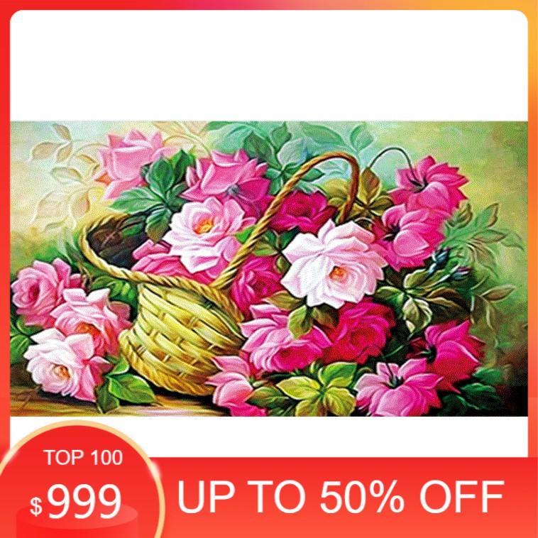 Tranh Đính Đá GIỎ HOA KHOE SẮC . Kích Thước: 75cm x 55cm