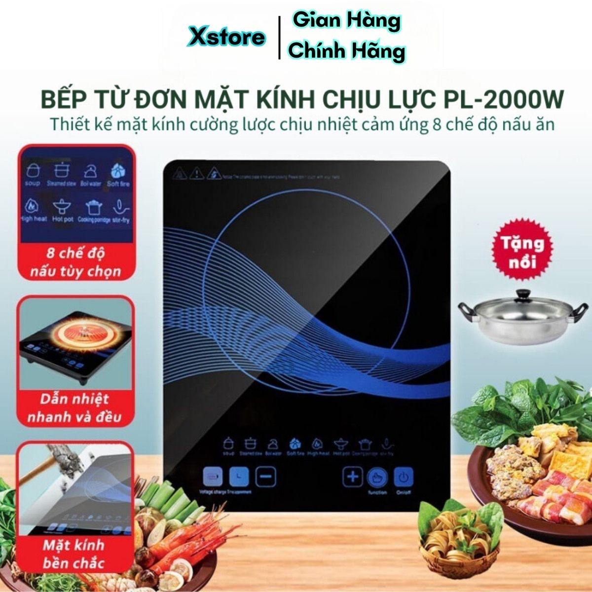 Bếp Từ Đơn, Bếp Điện Từ Cảm Ứng Mặt Kính Ceramic Siêu Bền Công Suất 2000W TẶNG KÈM NỒI LẨU , 8 Chế Độ Nấu Ăn, Truyền Nhiệt Nhanh Hẹn Giờ Tiết Kiệm Điện