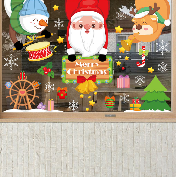 Decal trang trí dán tường - Ông giá noel cầm bảng Merry Christmas đón giáng sinh cùng các bạn