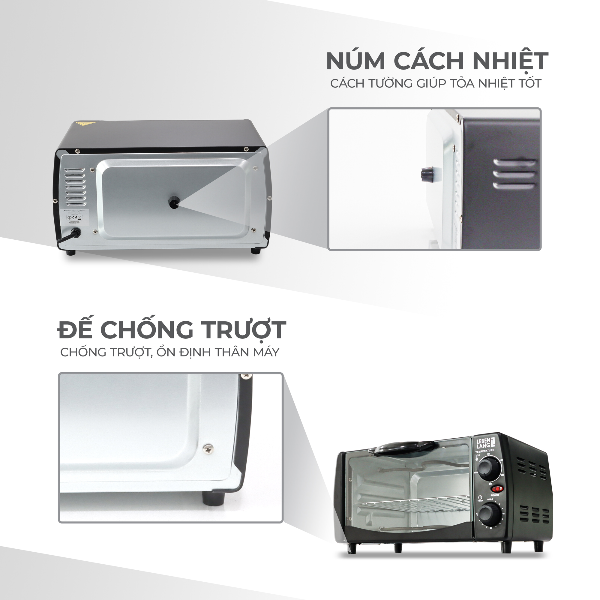 Lò nướng mini đa năng LEBENLANG, công suất 800W, dung tích 12l, LBMT8683S - hàng chính hãng