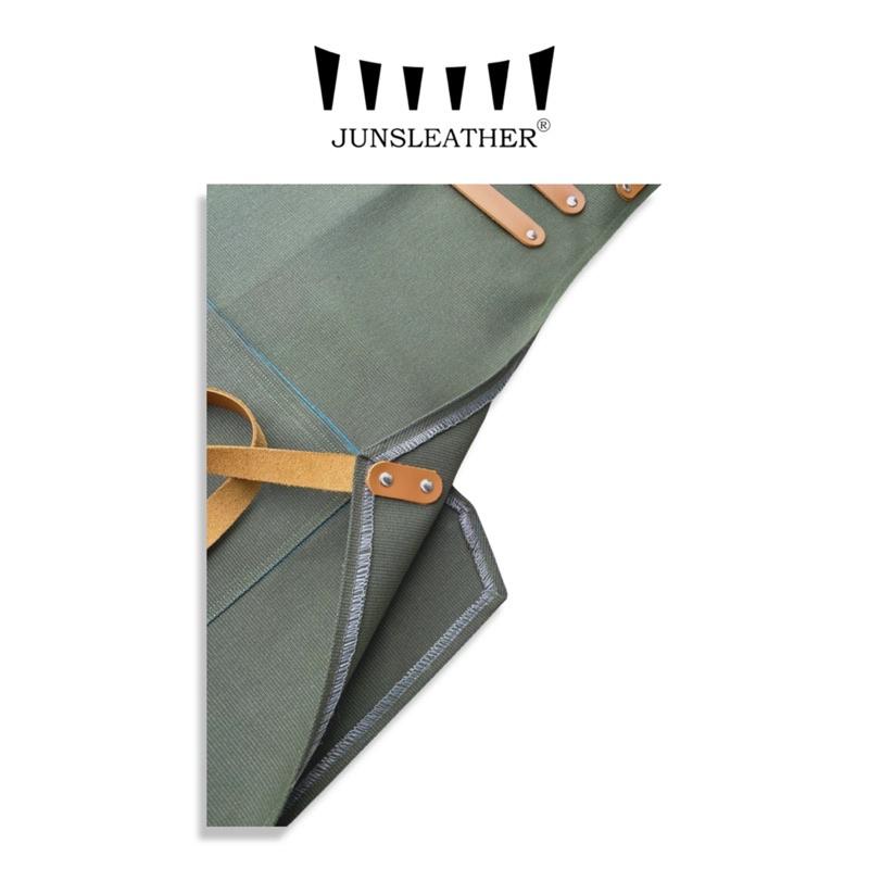 Tạp dề pha chế vải canvas dây da của Junsleather phối da bò cao cấp dành cho Barista/Bartender quán cà phê