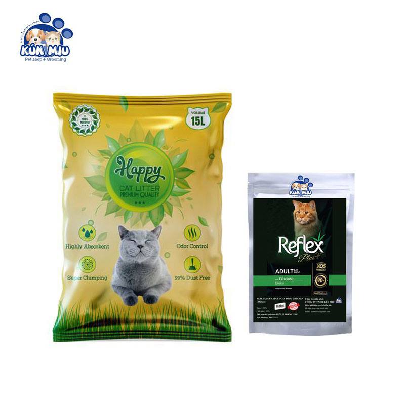 Combo Cát vệ sinh cho mèo Happy 15L khử mùi,kháng khuẩn + Thức ăn cho mèo Reflex