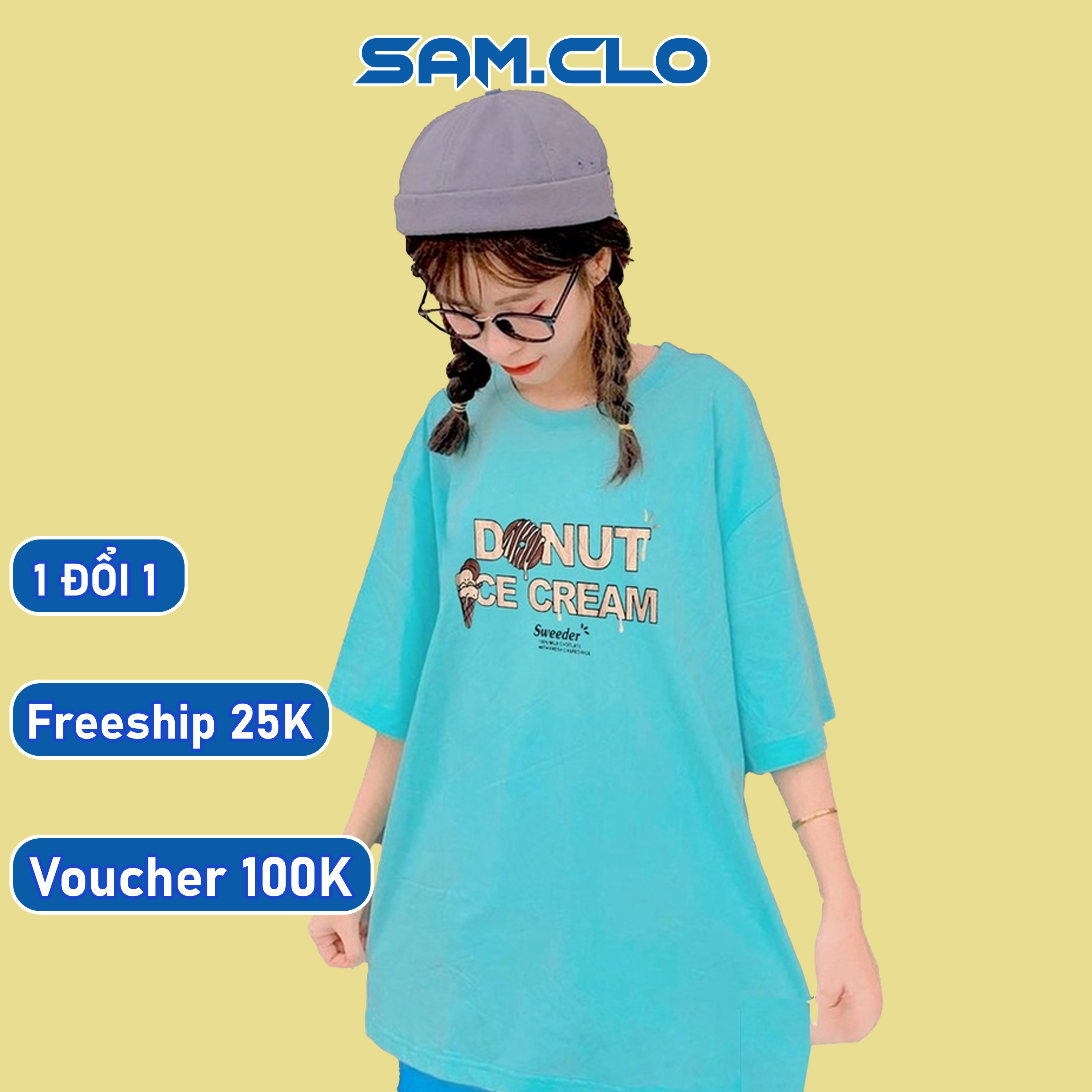 Áo thun tay lỡ nữ SAM CLO freesize phông form rộng dáng Unisex - mặc cặp, nhóm, lớp in hình bánh DONUT ICE CREAM màu xanh dương