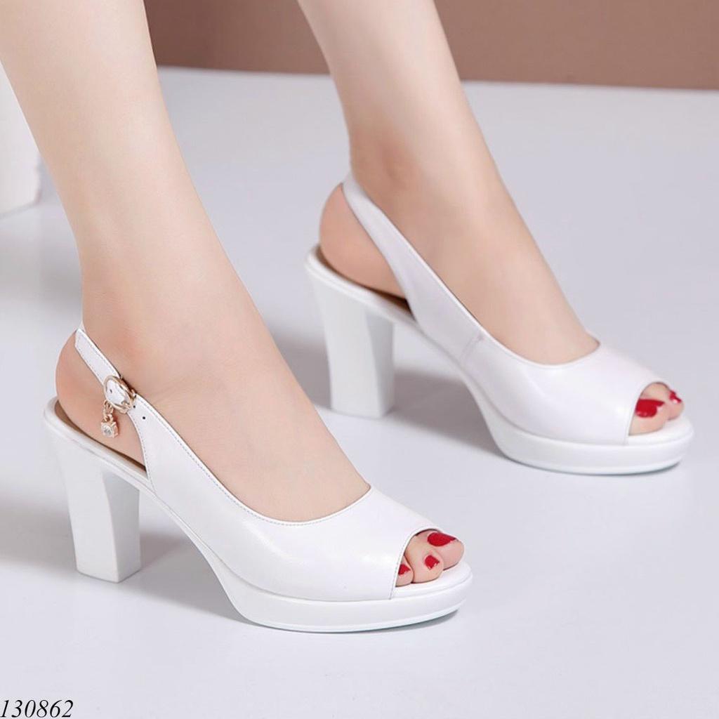 Giày sandal đế xuồng nữ 7cm,giày xăng-đan da cao gót quai ngang gót cao 7 phân trắng đen siêu nhẹ