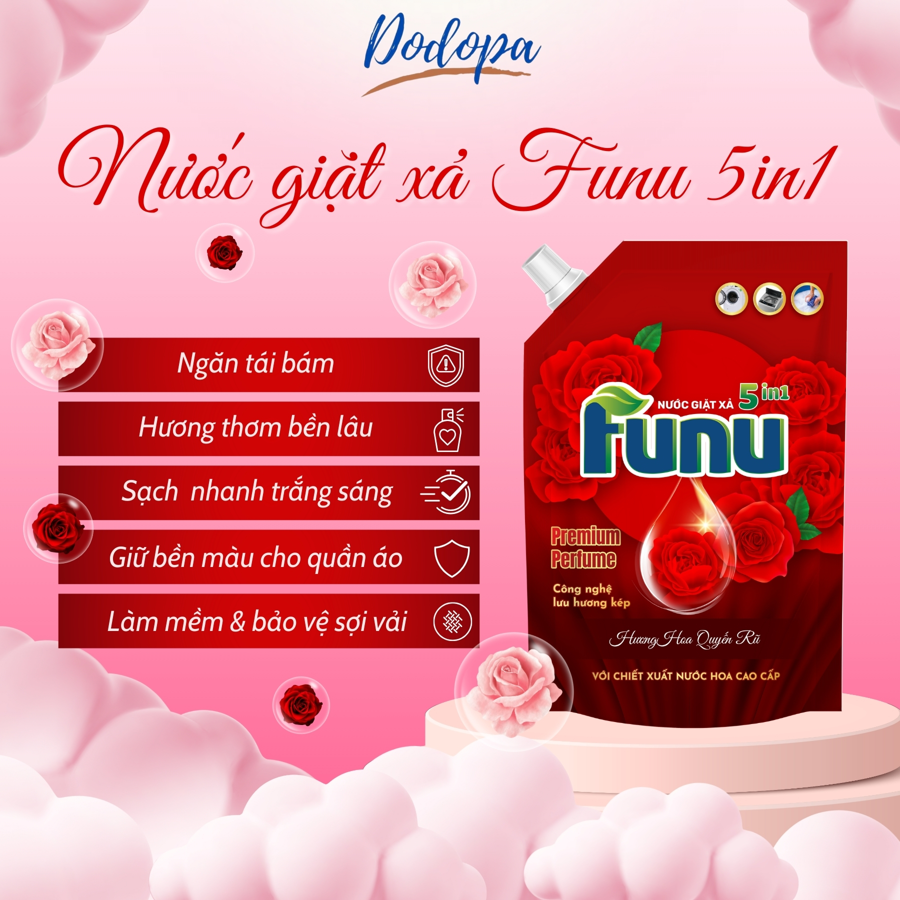 Hình ảnh Thùng 4 Túi nước giặt xả FUNU 3.6kg/3.5L hương nước hoa giữ bền màu diệt khuẩn ngăn tái bám dùng cho tất cả các loại máy giặt- Màu đỏ- Hàng chính hãng