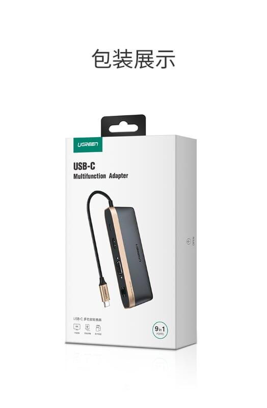 Ugreen UG50988CM221TK Bộ chuyển đổi TYPE C sang 3 USB 3.0 + HDMI + VGA + LAN + TF SD + nguồn TYPE C - HÀNG CHÍNH HÃNG