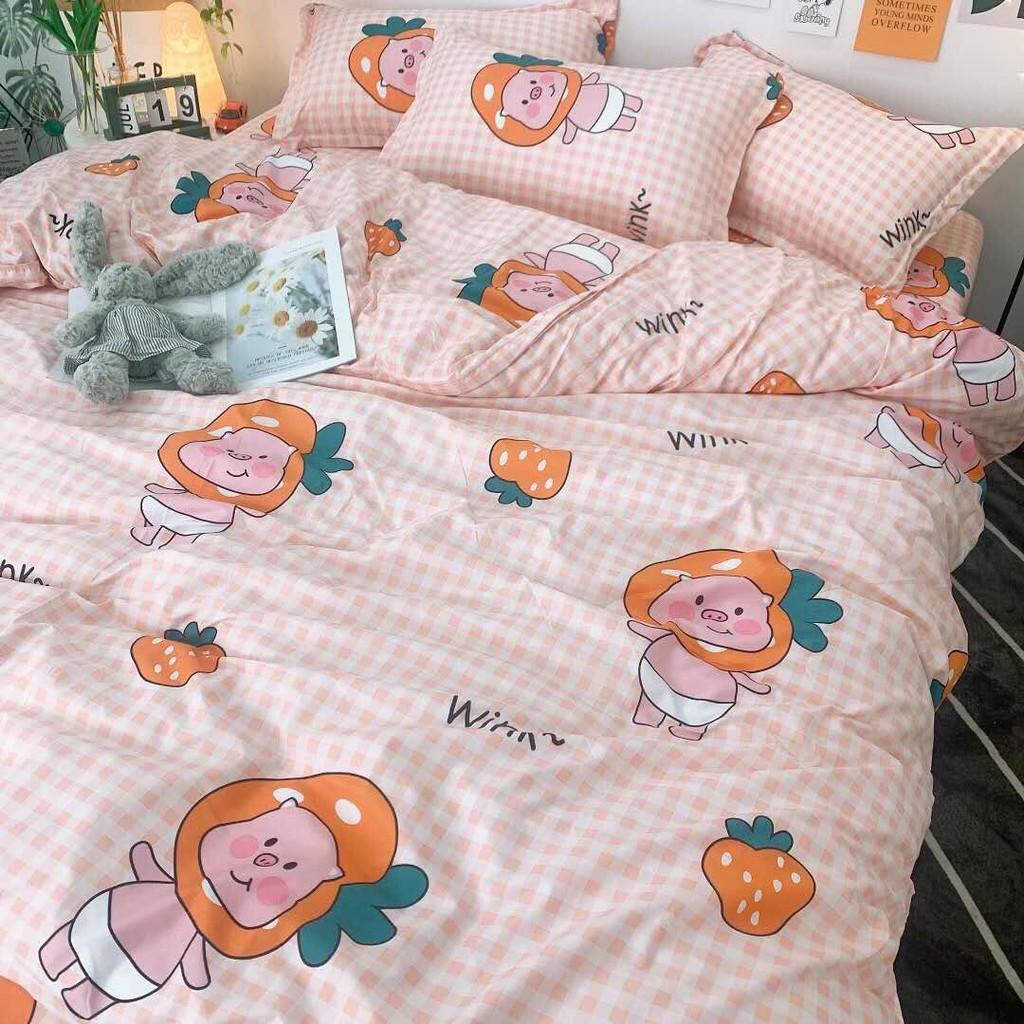Bộ chăn ga Cotton Poly họa tiết kẻ caro bé heo - phong cách Hàn Quốc