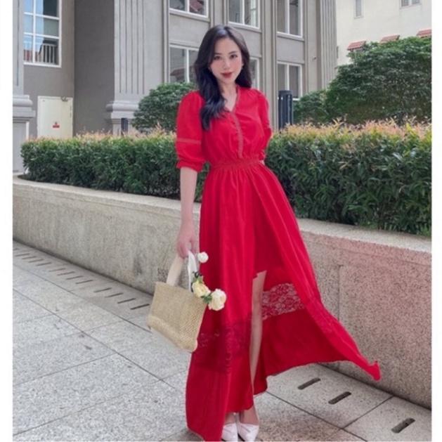 Đầm váy maxi đỏ lụa thái mềm xẻ tà cánh tiên cổ V tay dài bo đi biển dự tiệc dạo phố bigsize gợi cảm sexy