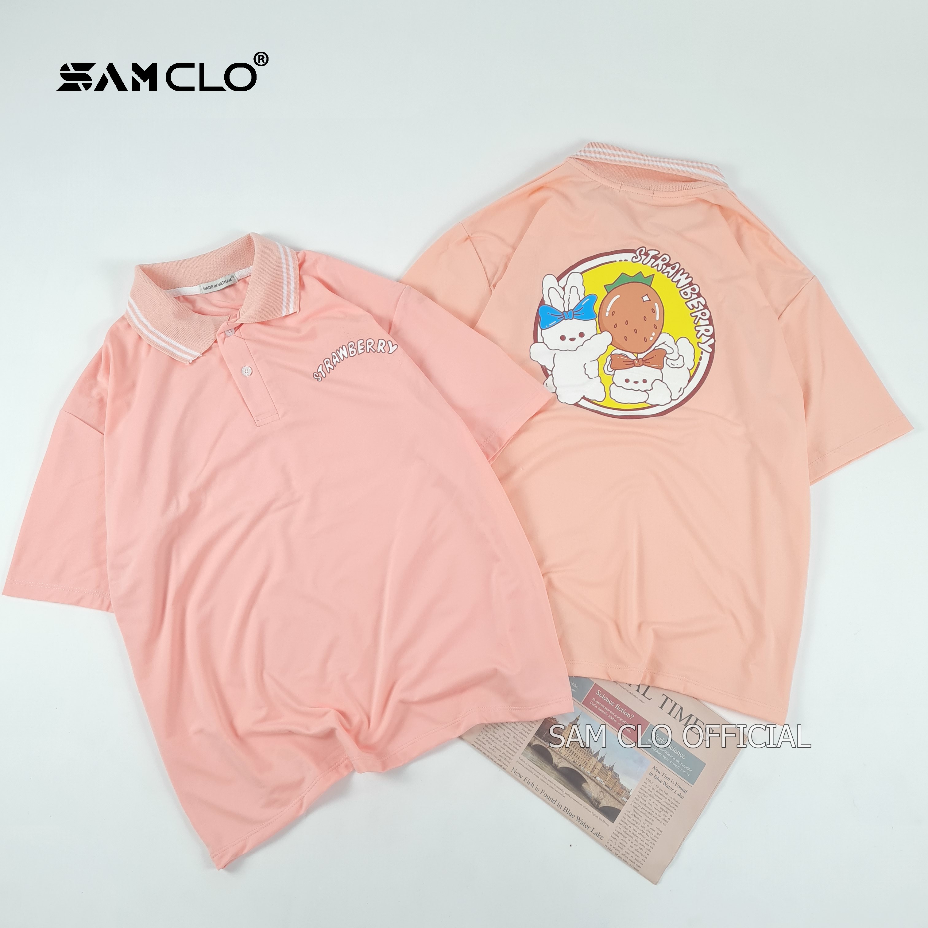 Áo thun Polo nữ tay lỡ form rộng SAM CLO phông freesize unisex mặc đi học, nhóm, lớp in hình thỏ trắng chữ STRAWBERRY - MÀU HỒNG