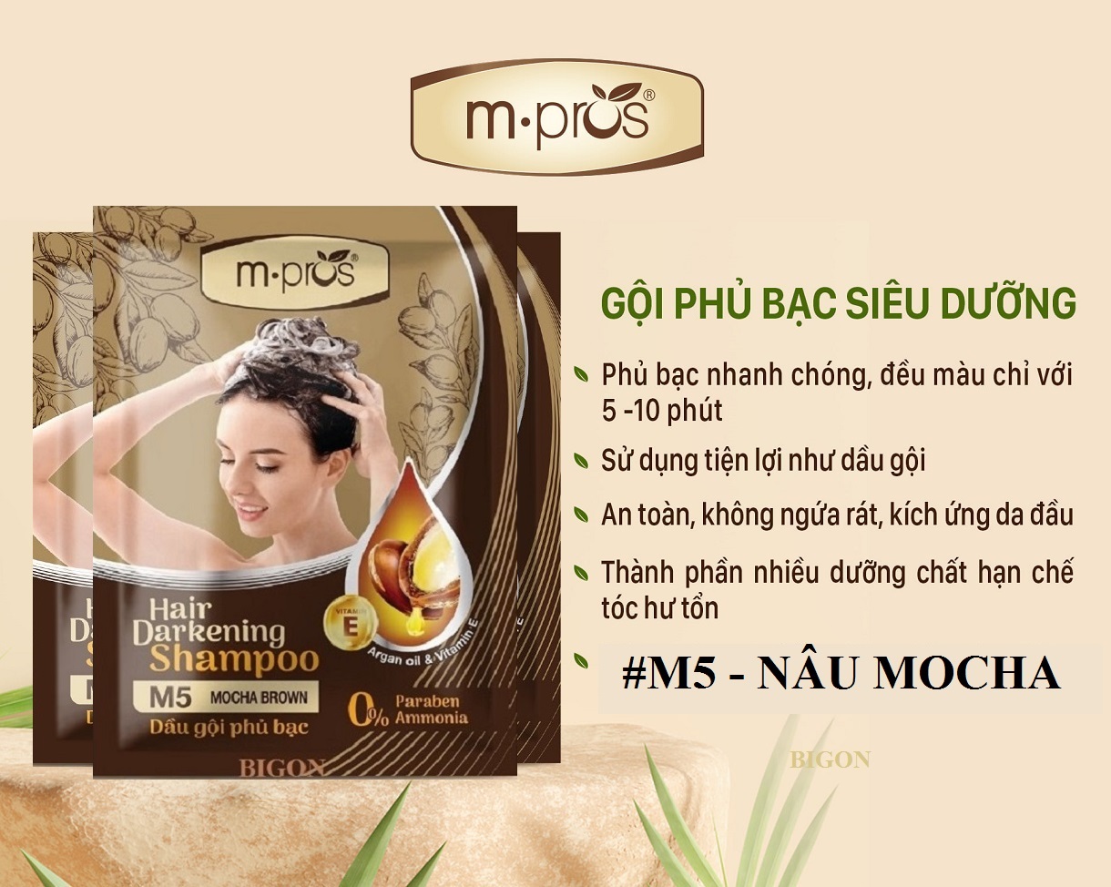 [Nâu Mocha] Dầu Gội Nhuộm Tóc Nâu Phủ Bạc 100% Thảo Dược Siêu Dưỡng M.PROS 25ml - M5