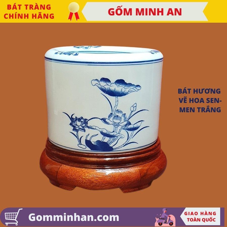 Bát Hương Vẽ Hoa Sen Cao Cấp Vẽ Tay- Gốm Sứ Bát Tràng- Gốm Minh An