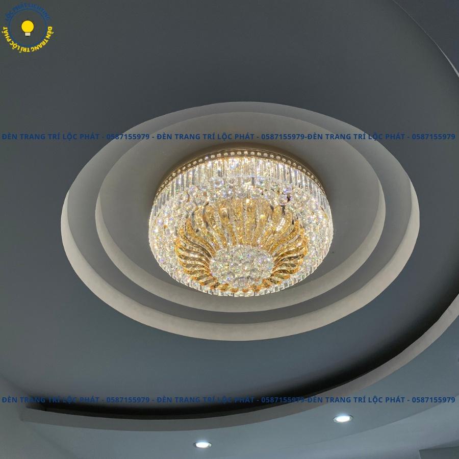 Đèn trần, đèn ốp trần pha lê tròn 305 sang trọng hiện đại 3 chế độ sáng trang trí phòng khách