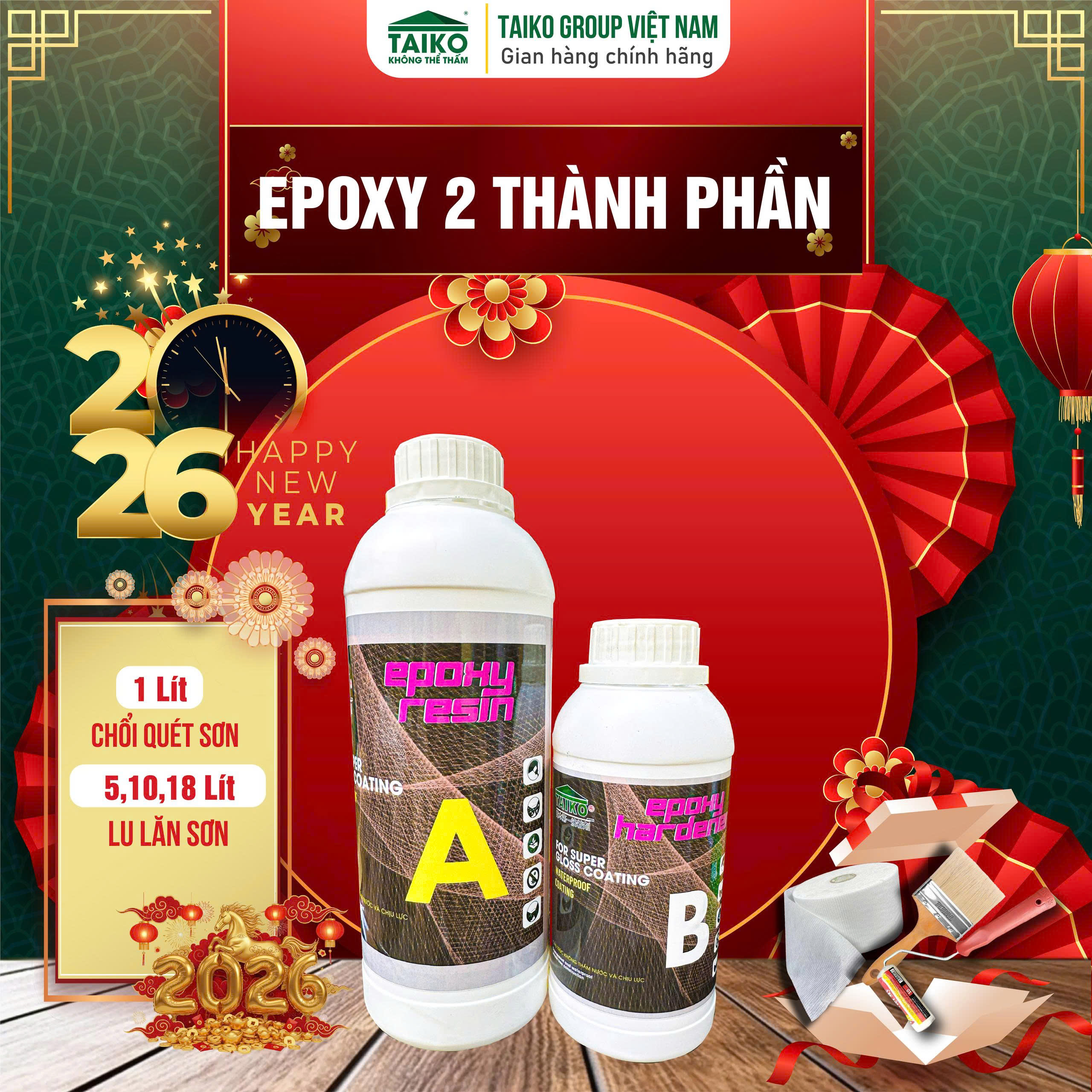 Set 18 Kg Keo Chống Thấm TAIKOMI Epoxy - Chống Thấm A/B Trong Suốt 2 Thành Phần, Sử Lý Chống Thấm Mặt Sàn Nhà Vệ Sinh,Gạch Men, Sàn Ốp Lát