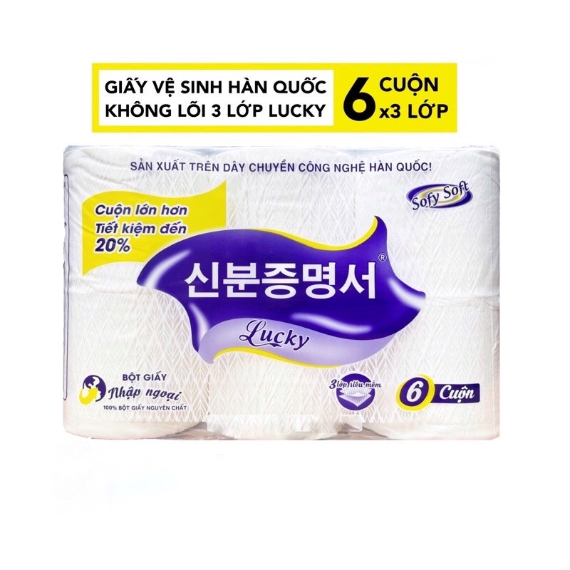 Lốc 6 cuộn khăn giấy vệ sinh Lucky Hàn Quốc không lõi, Giấy vệ sinh Lucky 3 lớp dày min siêu thấm