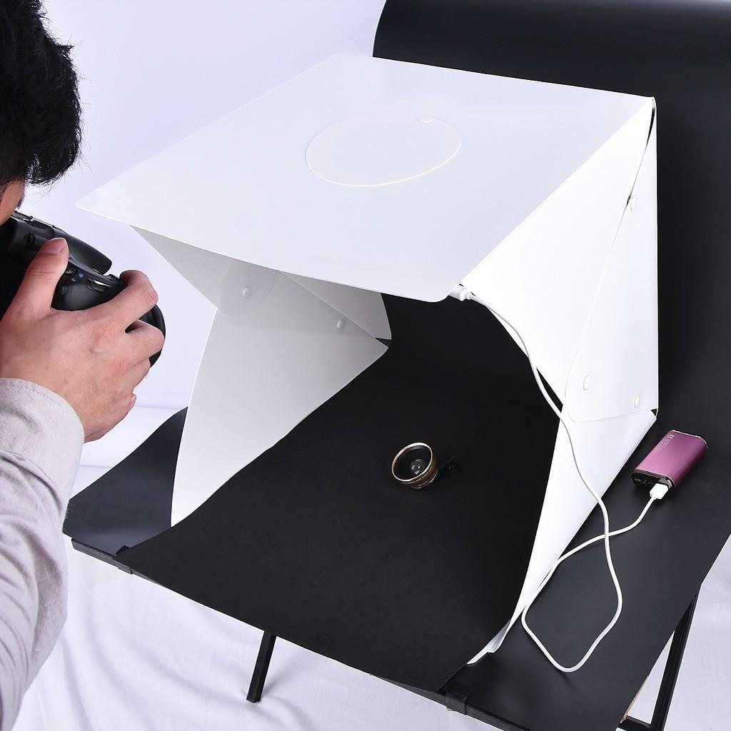 Hộp chụp hình sản phẩm Studio 40cm x 40cm gồm 2 dãy đèn led, phông nền 2 màu trắng đen