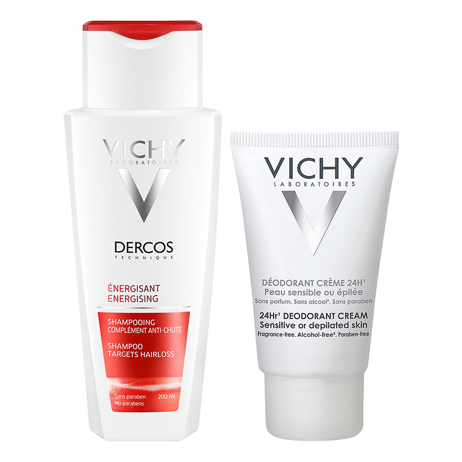 Bộ chăm sóc da Dầu Gội Tăng Cường Dưỡng Chất Giúp Giảm Rụng Tóc Vichy Dercos Energising Shampoo Hairloss (200ml) + Kem Khử Mùi Và Dưỡng Da Mềm Mịn Dưới Cánh Tay (40ml)