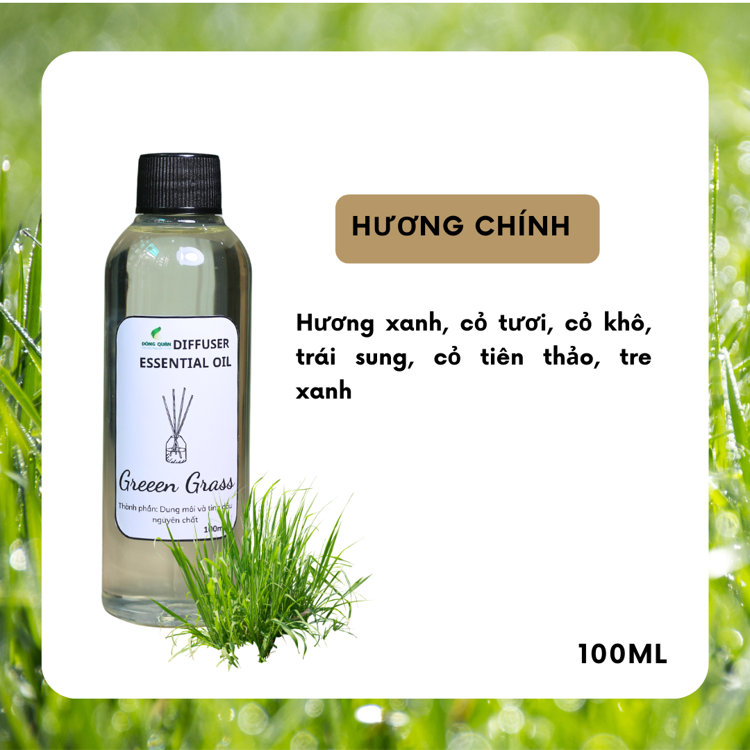 Chai Refill tinh dầu tán hương GREEN GRASS (Hương Cỏ Xanh) 100ml, thơm phòng, tỏa hương, tíết kiệm.