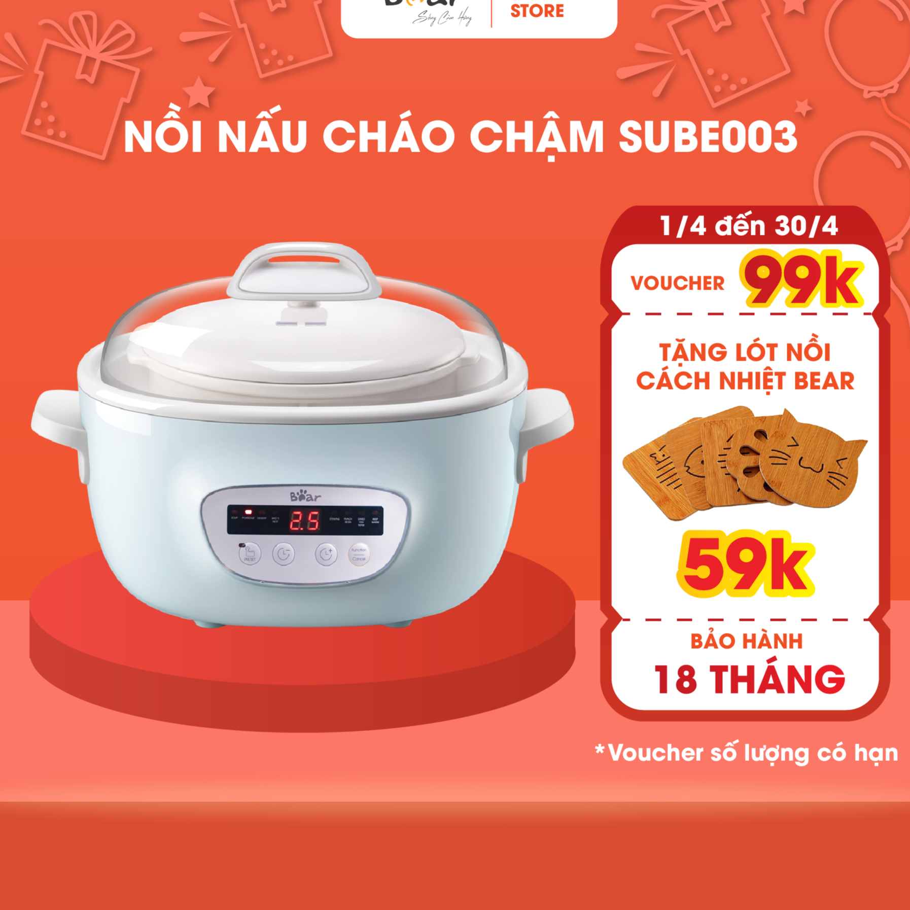 Nồi Nấu Chậm 2,5L Bear SUBE003 Đa Năng Hầm Cháo, Chưng Yến Bản Quốc Tế - Hàng Chính Hãng