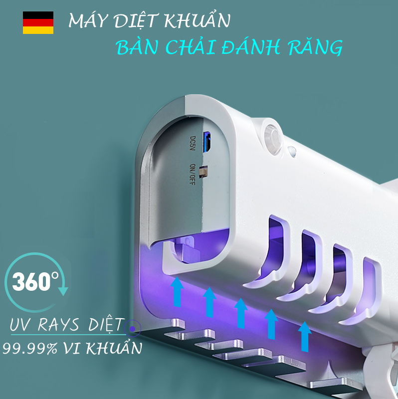 MÁY DIỆT KHUẨN BÀN CHẢI. Model: Ger001, Tự động diệt trùng bằng Công nghệ khử khuẩn tia cực tím. Tự động sạc pin bằng pin nano năng lượng