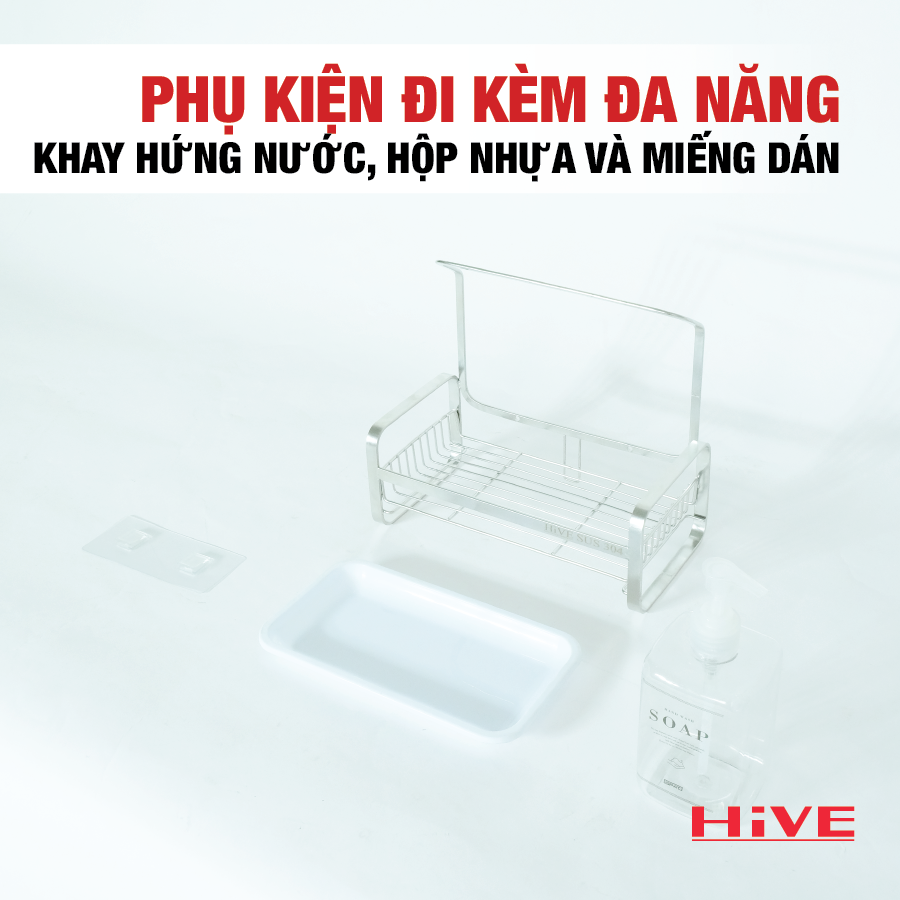 Rổ đựng dụng cụ rửa chén HiVE (NEW COLLECTION) Kèm Hộp nhựa + Khay nhựa + Miếng dán tường