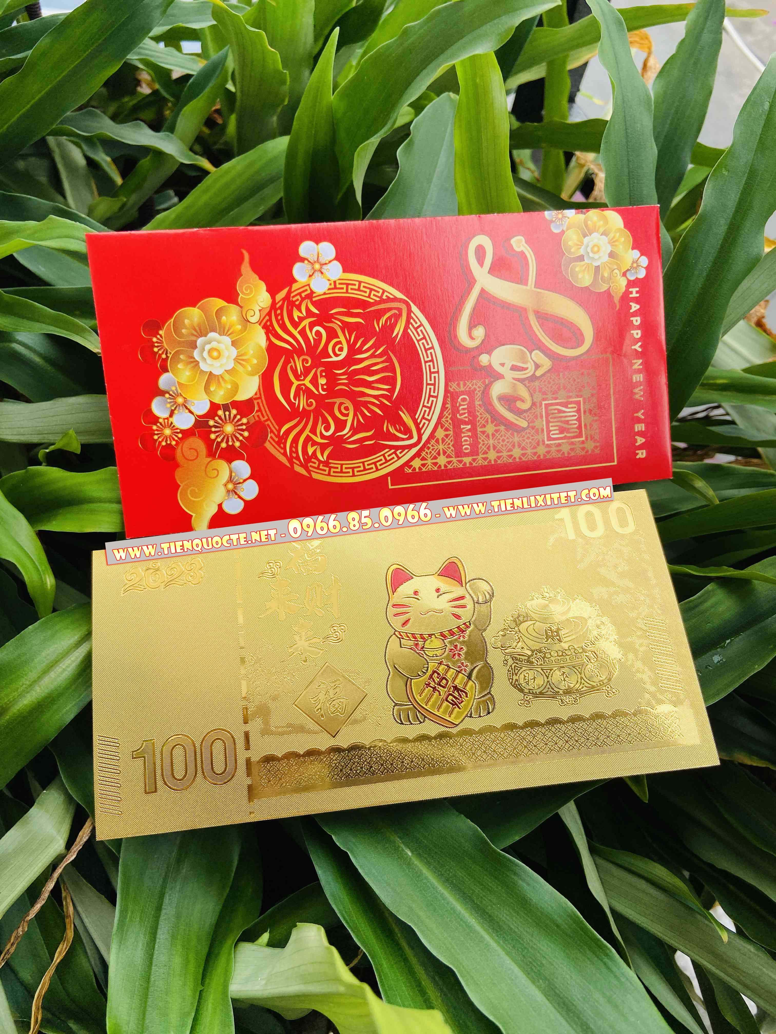 Lì xì hình tiền 2023 Tiền Hình Con mèo Macao 100 Mạ Vàng Plastic M1 2023, tặng bao lì xì