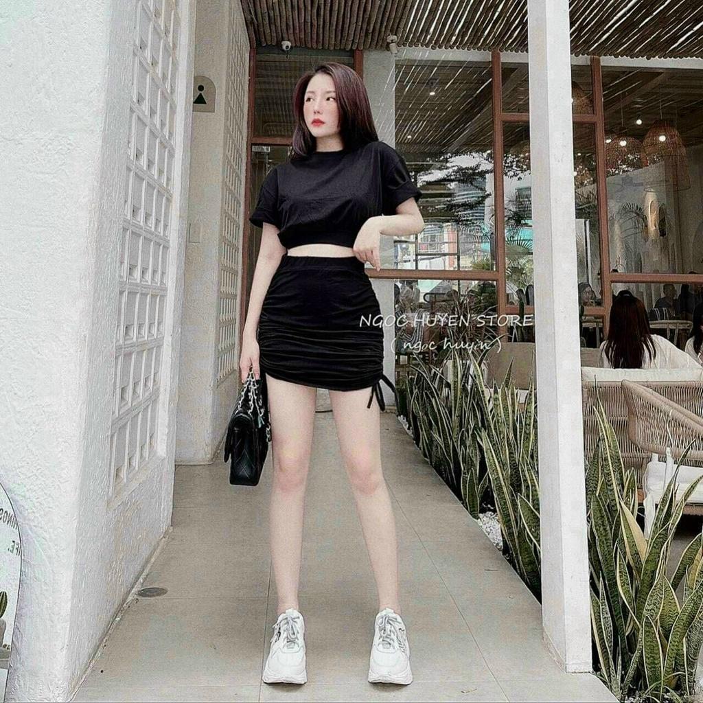 Sét bộ cotton áo cổ tròn croptop kèm chân váy rút dây y hình