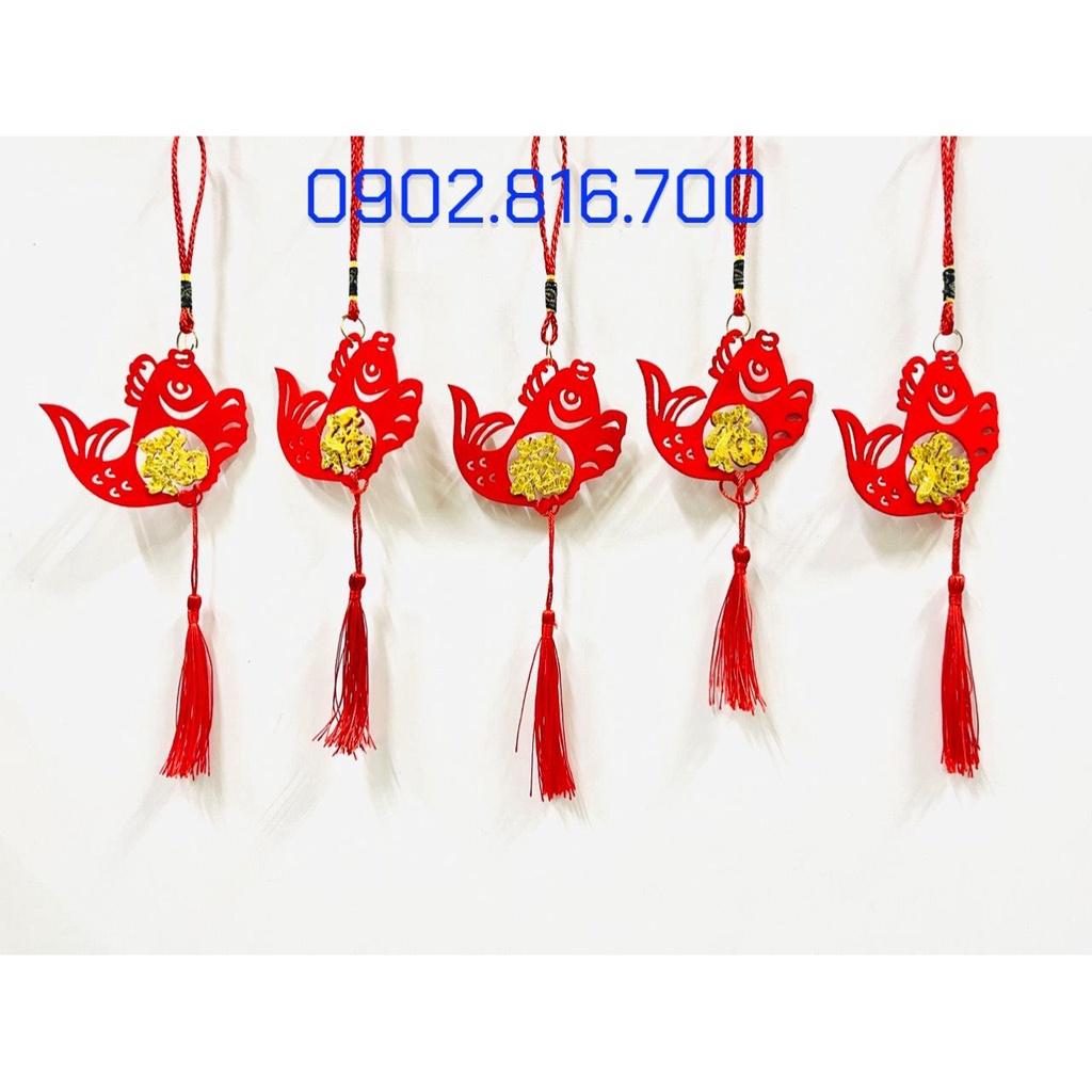 Set 5 Liễng nhung đỏ hình cá chép, quạt , lồng đèn khắc chữ PHƯỚC vàng treo cây mai đào tắc phụ kiện trang trí TẾT