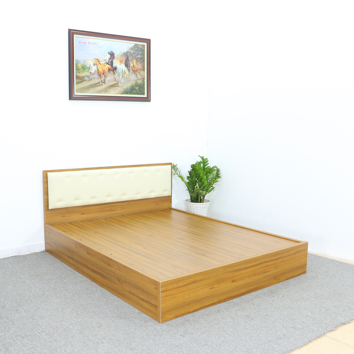 Giường Ngủ Gỗ MDF Melamine Màu Vàng Vân Gỗ Có Đầu Nệm Kem Đẹp Hiện Đại